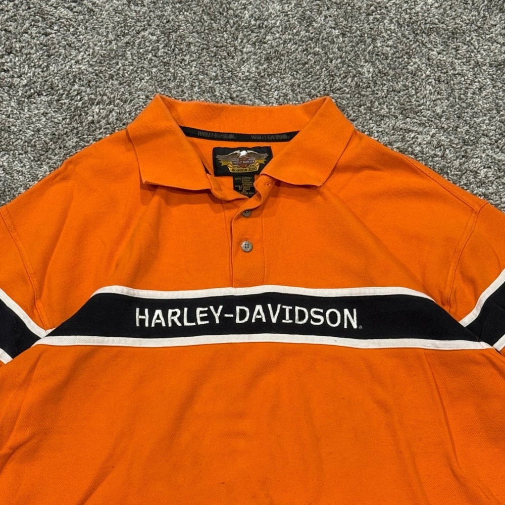 VTG Harley Davidson Striped Orange Polo Shirt Mens‎ XL Short Sleeve Logo Biker